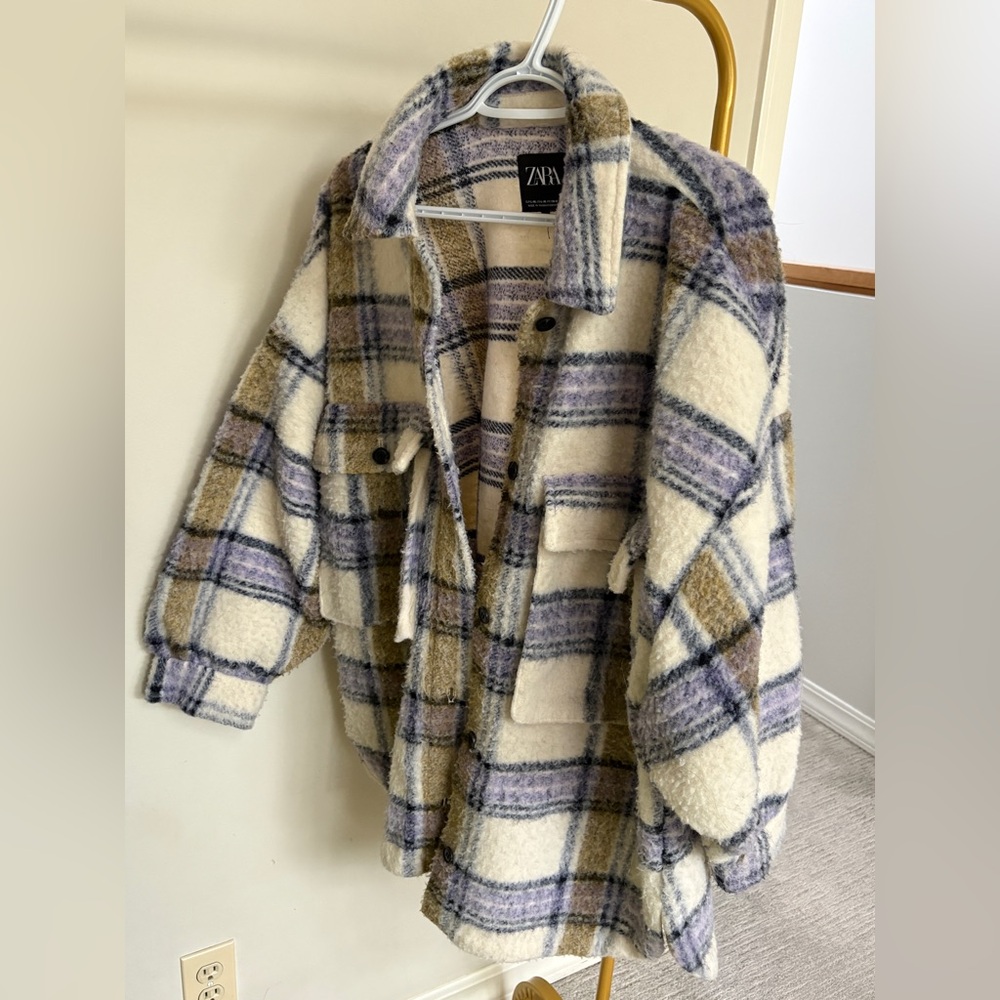 Zara Women's Plaid Teddy Jacket - Cream, purple, green